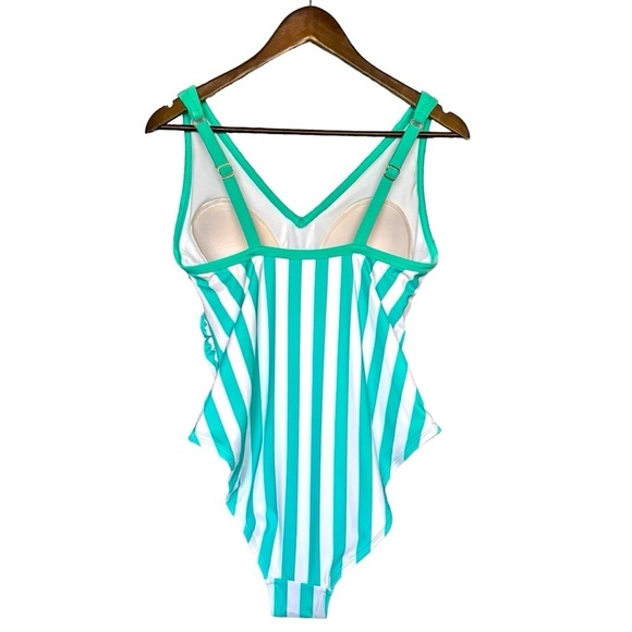 NEW Kona Sol Turquoise and White Striped One Piece Swimsuit Size 14W V Neck - Picture 2 of 11